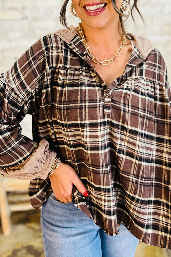 Brown Plaid Waffle Patchwork Long Sleeve Henley Hooded Top