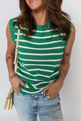 Green Stripe Crew Neck Sleeveless Sweater Vest