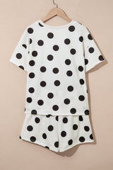 Sky Blue Polka Dot Print Loose Tee Drawstring Elastic Waist Short Set