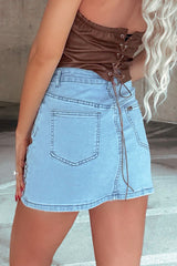 Beau Blue Abstract Embroidered Denim Mini Skirt