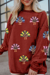Orange Turkey Graphic Sequins Patch Corded Baggy Sweatshirt