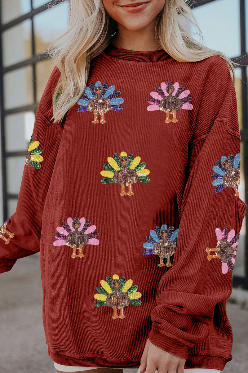 Orange Turkey Graphic Sequins Patch Corded Baggy Sweatshirt