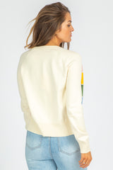 White Striped Colorblock Button Front Knit Cardigan