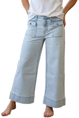 Sky Blue Striped Button Flap Pocket Cuffed Hem Wide Leg Jeans