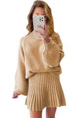 Black High Neck Puff Sleeve Sweater Pleated Mini Skirt 2pcs Knitted Outfit