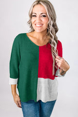 Chestnut Color Block Knit V Neck Loose Sweater