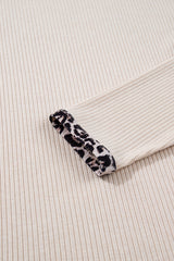 Parchment Ribbed Contrast Leopard Edge Round Neck Plus Size Top