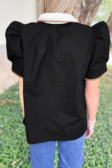 Black Ricrac Trim Color Block Patchwork Shirt Collar Short Sleeve Blouse