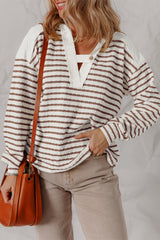 Khaki Stripe Textured Hooded Long Sleeve Top