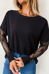 Black Solid Color Bow Textured Patchwork Long Sleeve Tee