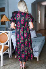 Black Floral Short Bubble Sleeve Tiered Maxi Dress