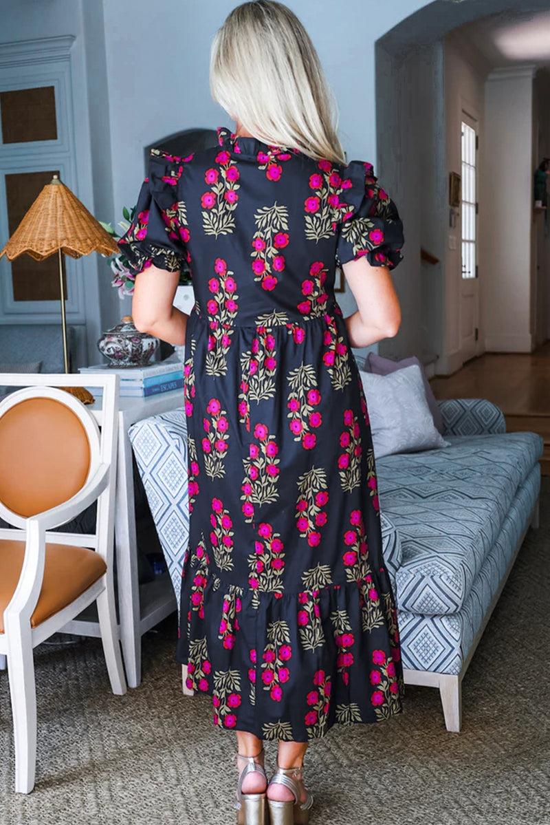 Black Floral Short Bubble Sleeve Tiered Maxi Dress
