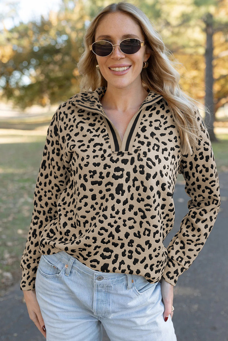 Parchment Allover Leopard Print Quarter Zip V Neck Top