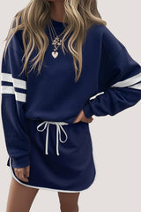 Sky Blue Varsity Stripe Detail Drop Shoulder Pullover Mini Skort Set