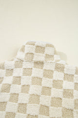 Khaki Sherpa Checkerboard Snap Button Vest Jacket