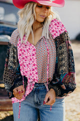 Pink Boho Mixed Floral Patchwork Drop Shoulder Bubble Sleeve Blouse