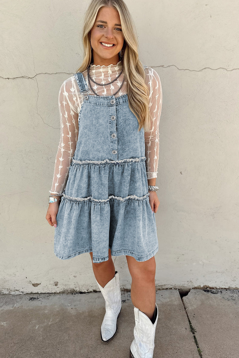 Dusk Blue Frill Tiered Light Wash Overall Denim Dress
