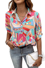 Multicolor Abstract Print Half Batwing Sleeve Loose Shirt