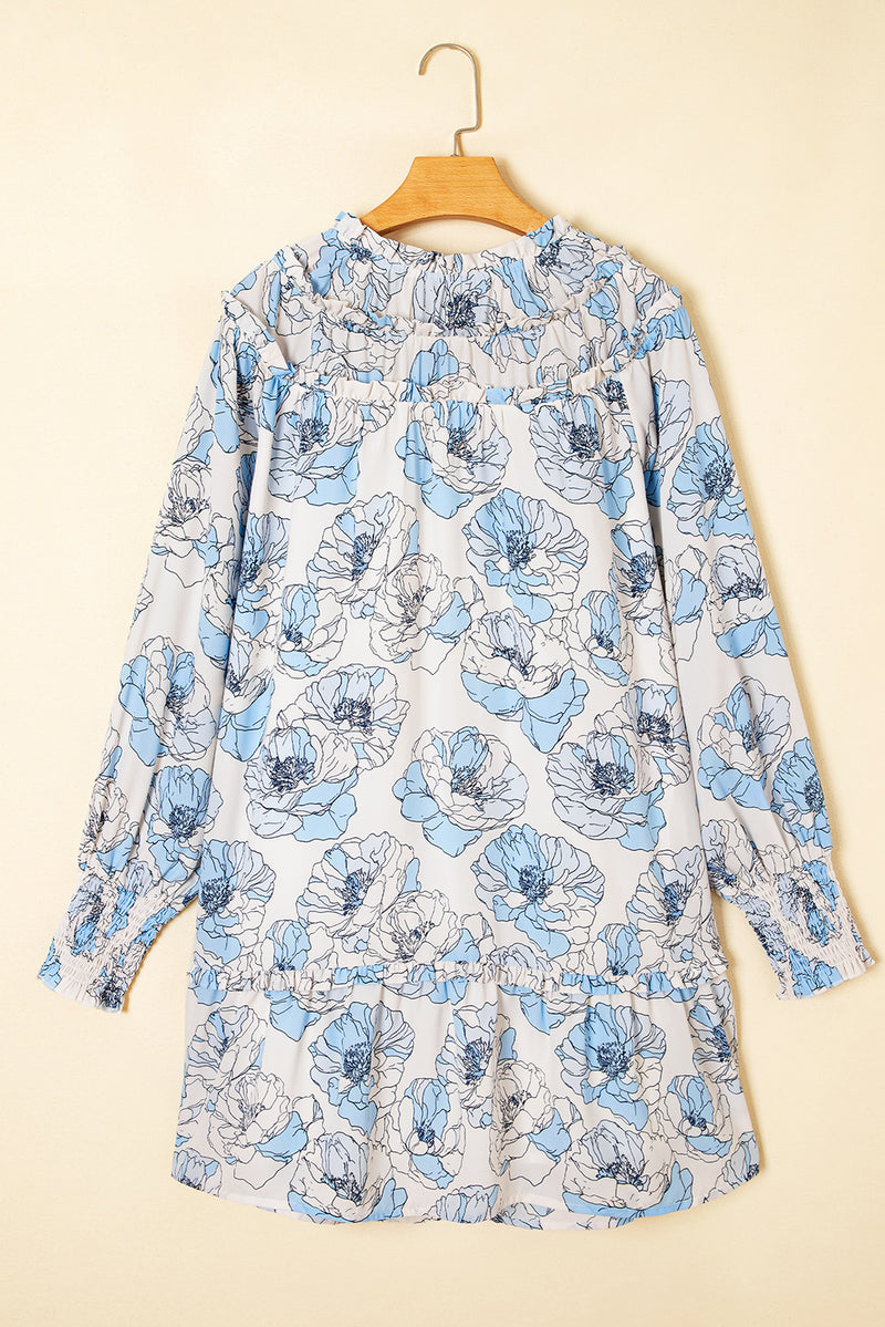 Sky Blue Floral Print Tie Neck Long Sleeve Flowy Mini Dress