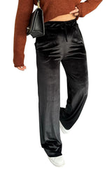 Black Shiny Velvet Drawstring High Waist Straight Leg Casual Pants