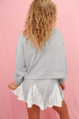 Light Grey Lace Patchwork Drop Shoulder Pullover Drawstring Skort Set