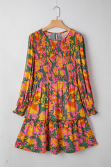 Multicolour Floral Print Long Sleeve Smocked Ruffled Mini Dress