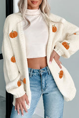 White Pumpkin Print Open Front Drop Shoulder Knit Cardigan
