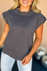 Black Casual Rivet Round Neck T Shirt