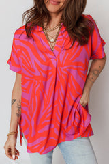 Multicolour Abstract Print V Neck Cuffed Short Sleeve Shift Slit Blouse