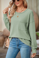 Clearly Aqua Pocketed Ribbed Long Sleeve Top