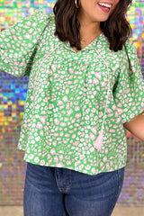 Green Plus Size Leopard Tassel Tie Split Neck Puff Sleeve Blouse