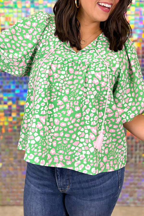 Green Plus Size Leopard Tassel Tie Split Neck Puff Sleeve Blouse