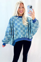 Sky Blue Checkerboard Splicing Raw Detail Oversized Denim Pullover