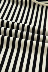 Black Stripe Textured Drop Shoulder Pullover Top Drawstring Mini Skirt Two Piece Dress Set