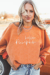 Orange hello pumpkin Letter Embroidered Ribbed Texture Baggy Sweatshirt