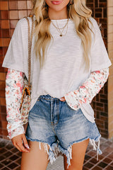 White Floral Mesh Patchwork Sleeve Fake Two-Piece Top