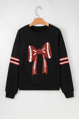 Black Varsity Baseball Bow Graphic Striped Sleeve Baggy Sweatshirt