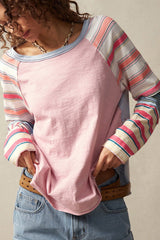 Pink Striped Colorblock Long Sleeve Top