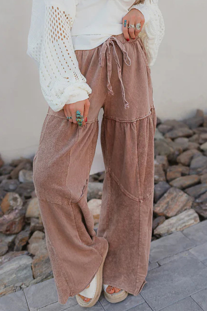 Straw Yellow Mineral Wash Tiered Wide Leg Patchwork Drawstring Pants