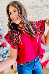 Racing Red Pearl Plaid Ruffle Sleeve Loose T Shirt