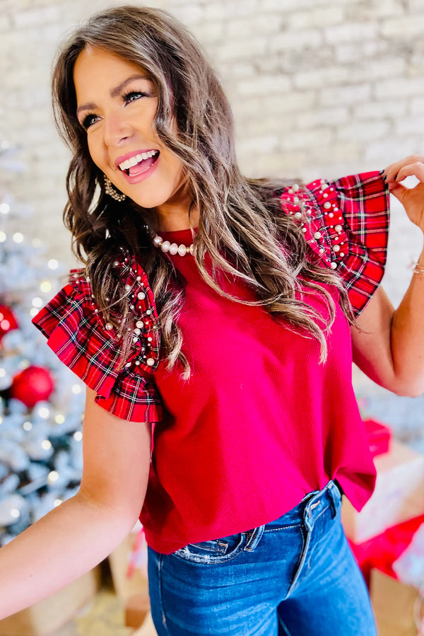 Racing Red Pearl Plaid Ruffle Sleeve Loose T Shirt