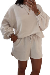 Black Textured Knit Drop Shoulder Pullover Drawstring Shorts Set