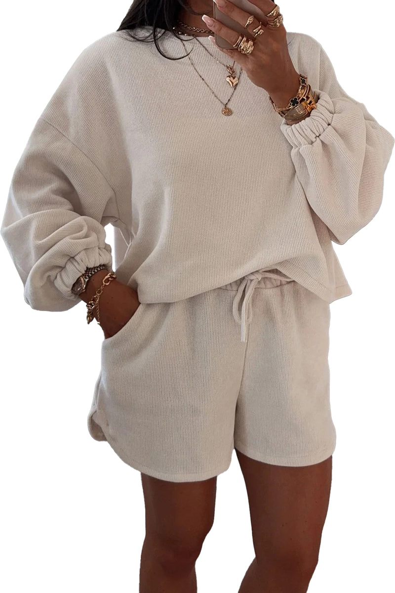 Black Textured Knit Drop Shoulder Pullover Drawstring Shorts Set