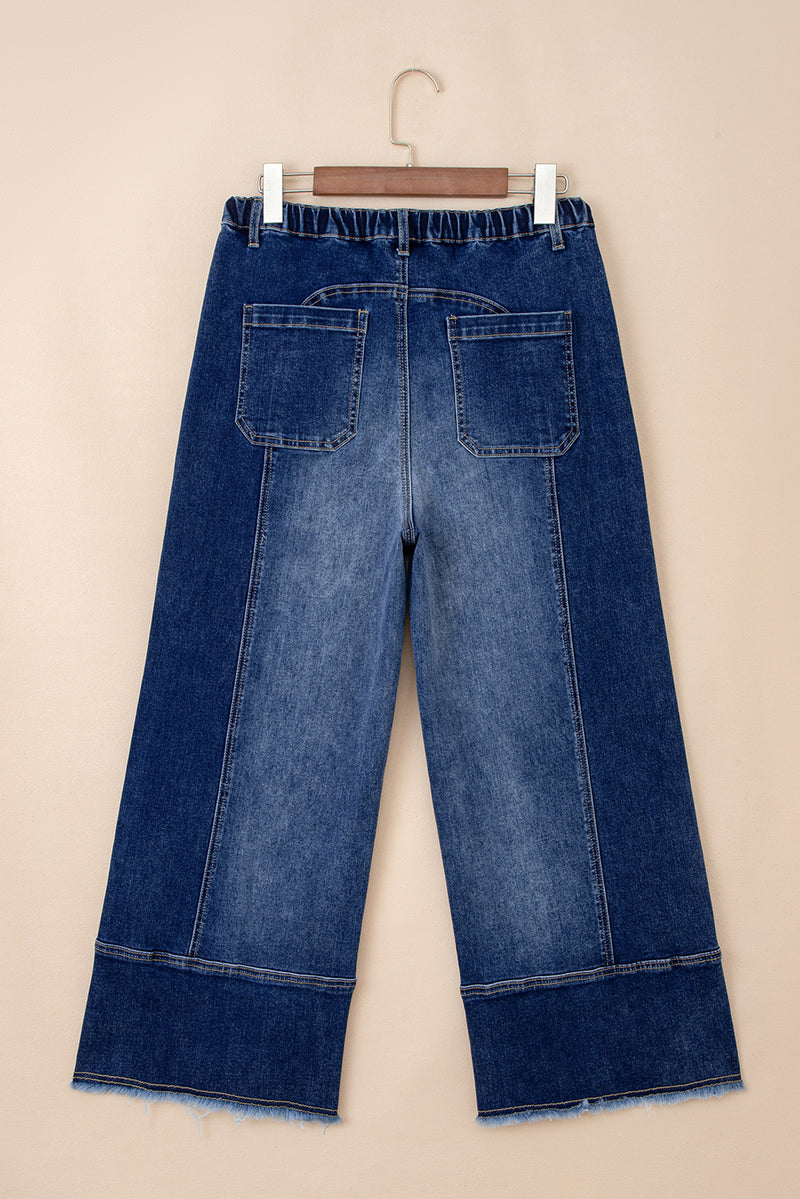 Prussian Blue Drawstring Seam Detail Raw Hem Wide Leg Jeans
