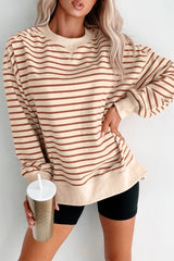 Khaki Stripe Ribbed Band Seam Detail Baggy Sweatshirt