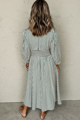 Green Striped V Neck Zip Front Cinched High Waist Midi Dress