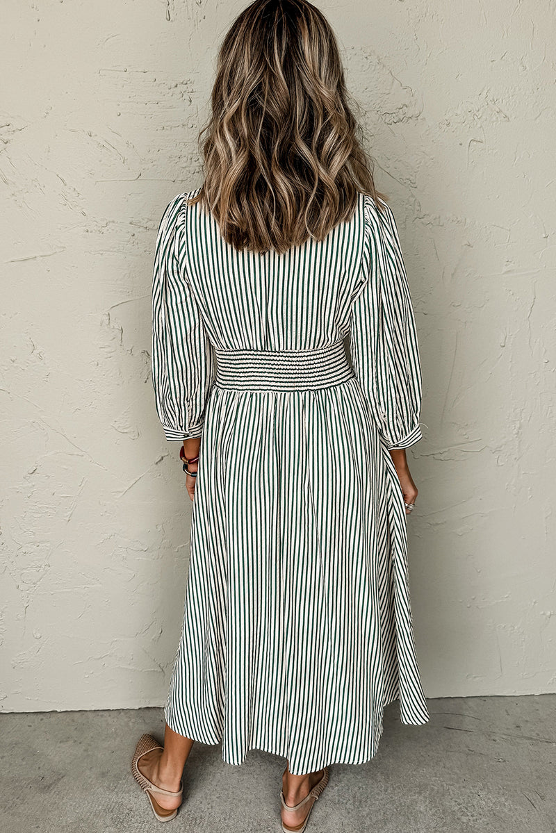 Green Striped V Neck Zip Front Cinched High Waist Midi Dress