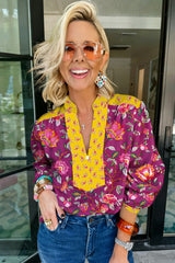 Rose Contrast Placket Split V Neck Floral Blouse