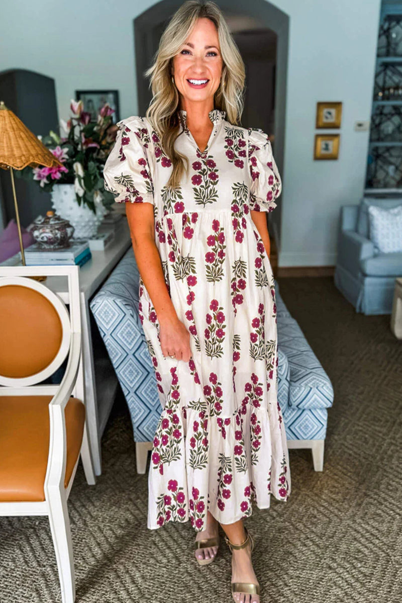 Black Floral Short Bubble Sleeve Tiered Maxi Dress