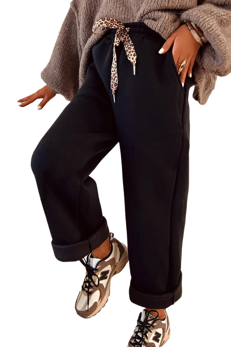 Black Leopard Drawstring Winter Fleece Pants